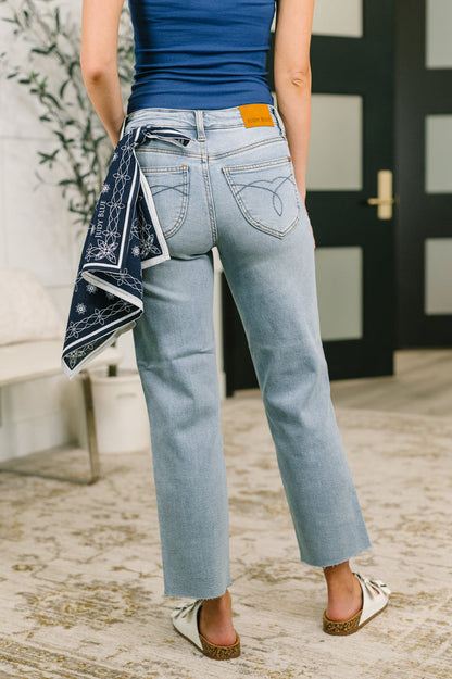 Judy Blue Mid Rise Ankle Straight w/ Bandana Loop Raw Hem Jeans