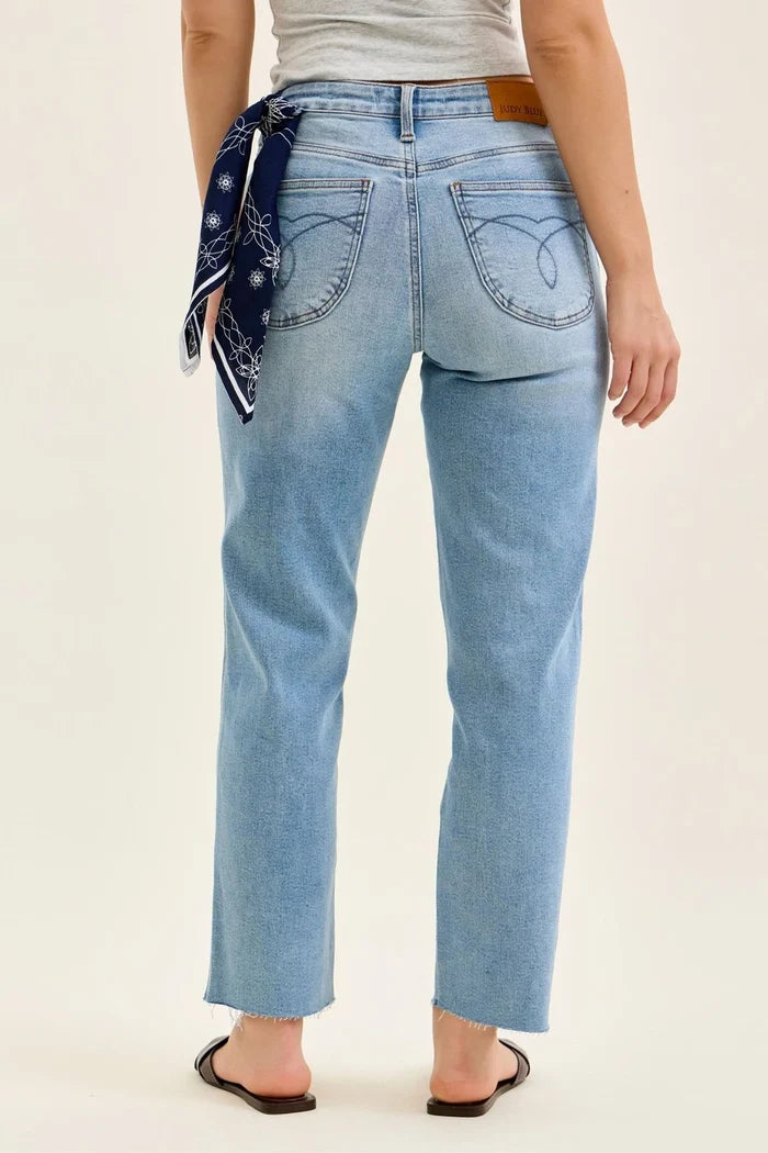 Judy Blue Mid Rise Ankle Straight w/ Bandana Loop Raw Hem Jeans