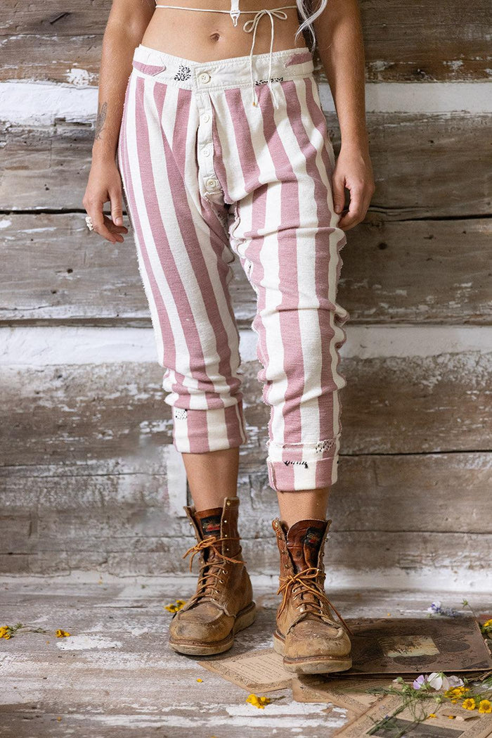 Magnolia Pearl artisan pink white striped pants with vintage style, whimsical details, rustic boots