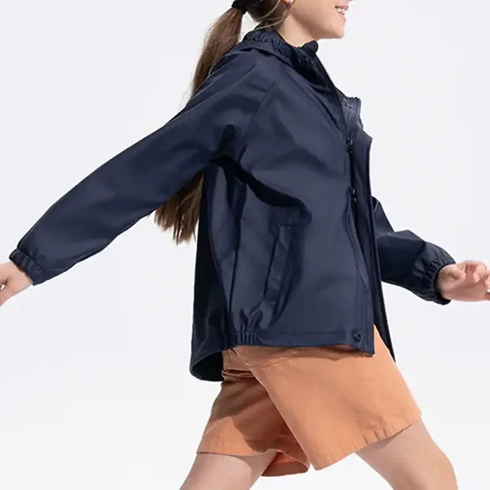Person wearing a navy blue Rain jacket