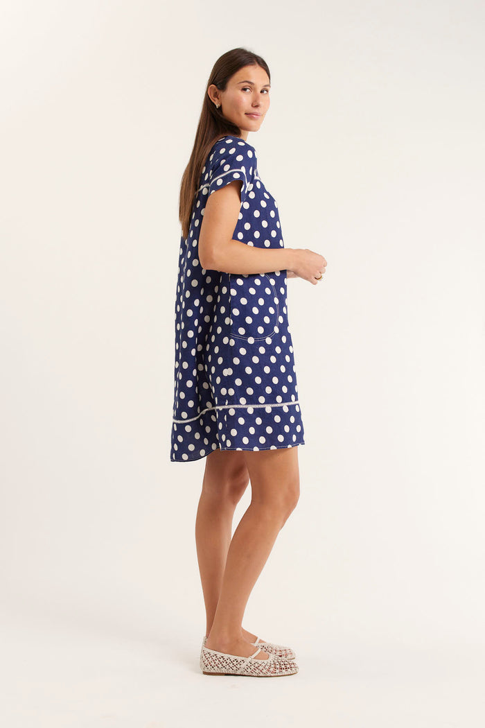 Laine Polkadot Linen Dress In Navy