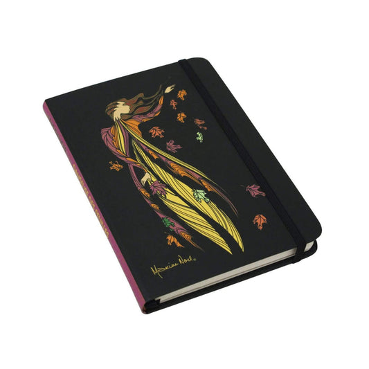 Black notebook with colorful artwork on a white background
