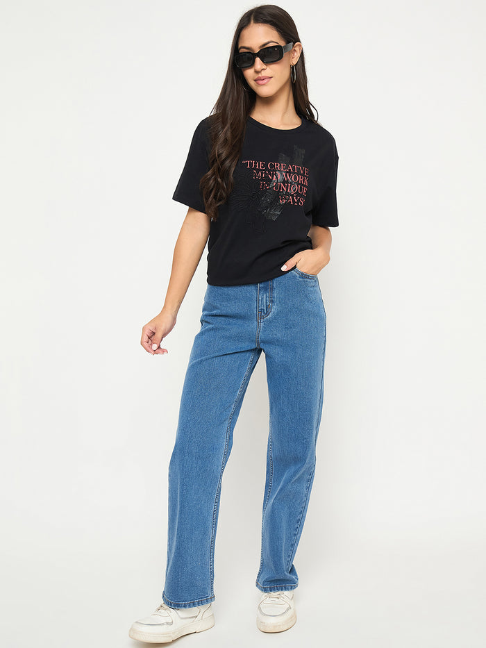 Madame Acid Wash Mid Blue Cotton Blend Straight Jeans