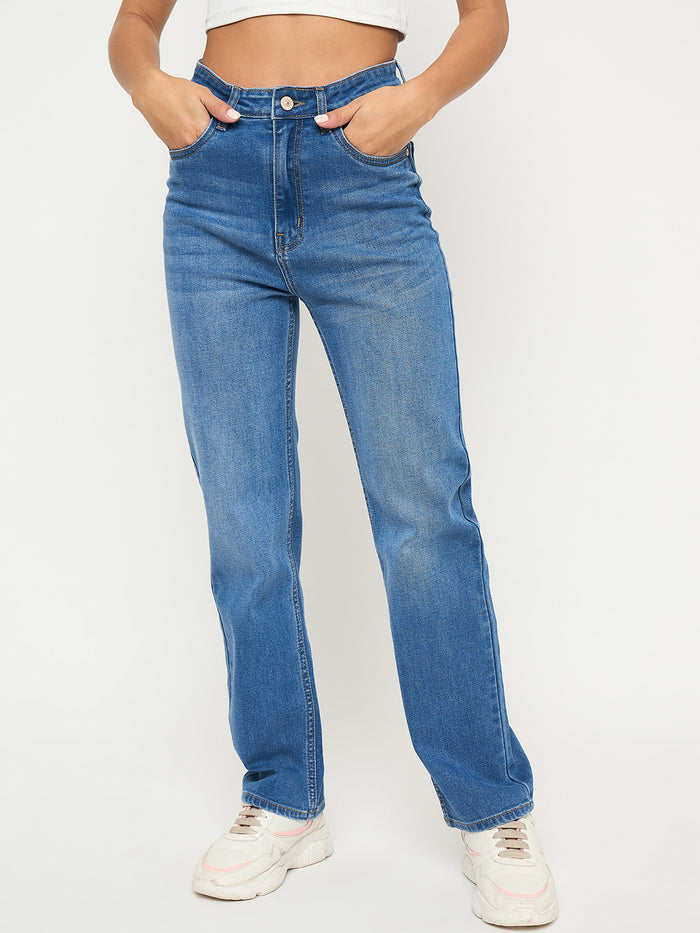 Madame Acid Wash Mid Blue Straight Cotton Blend Jeans