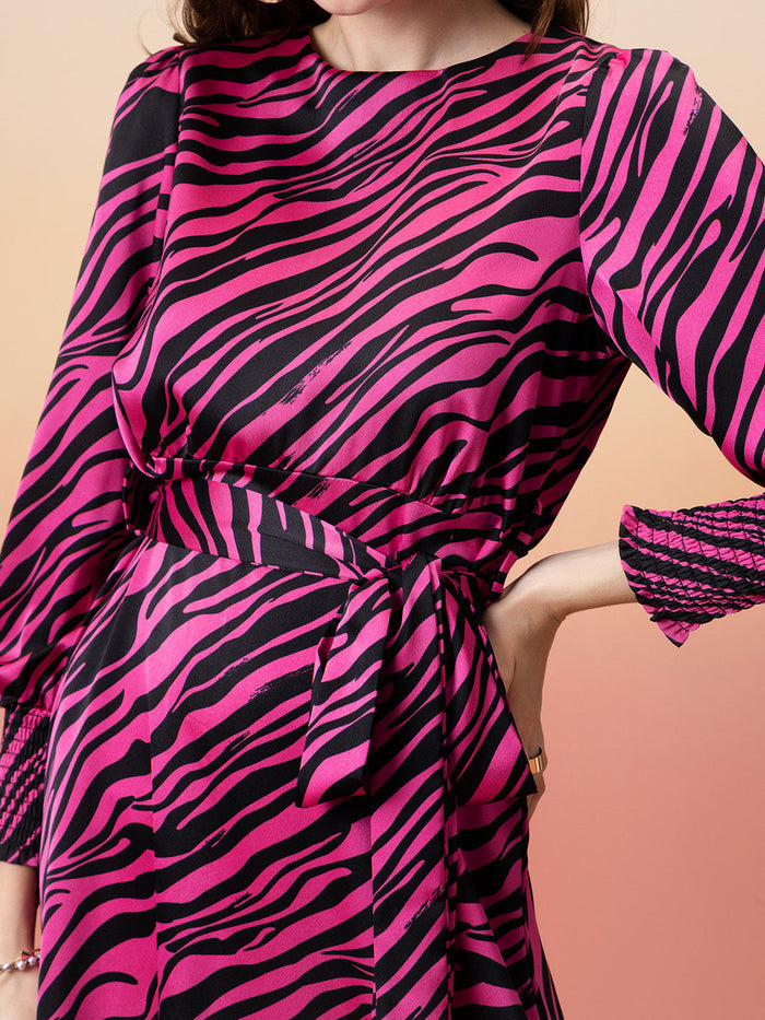 Madame Animal Print Fit & Flare Belted Pink Dress