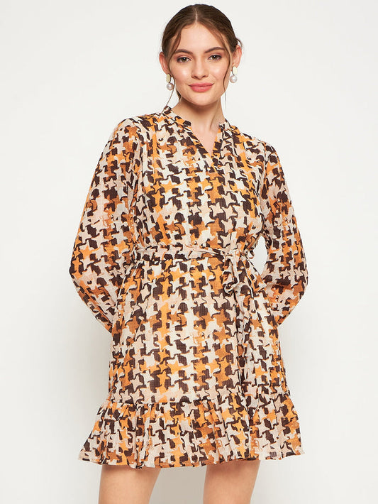Madame Beige Abstract Print Self-Belted Dress