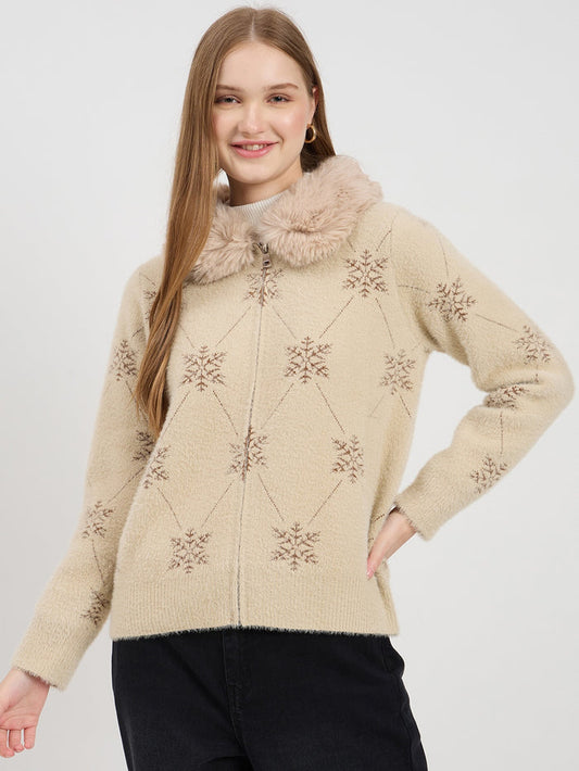 Madame Beige Printed Fur Collar Cardigan