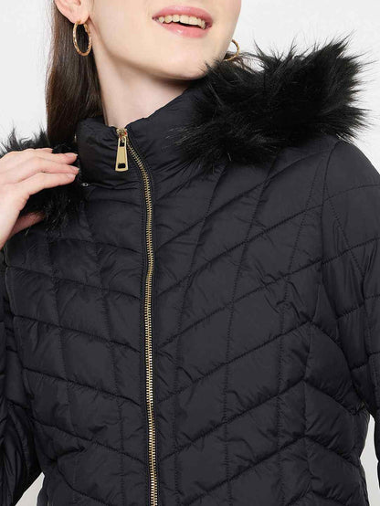 Madame Black Quilted Fur Hood Jacket