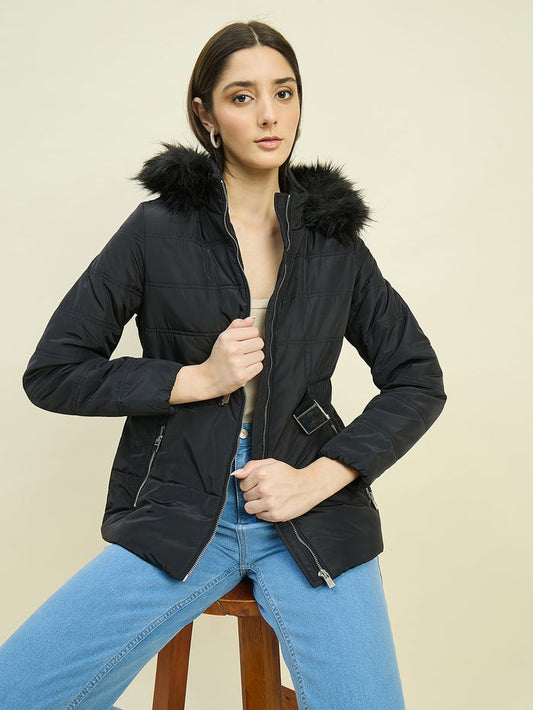 Madame Black Quilted Jacket with Faux Fur Hood