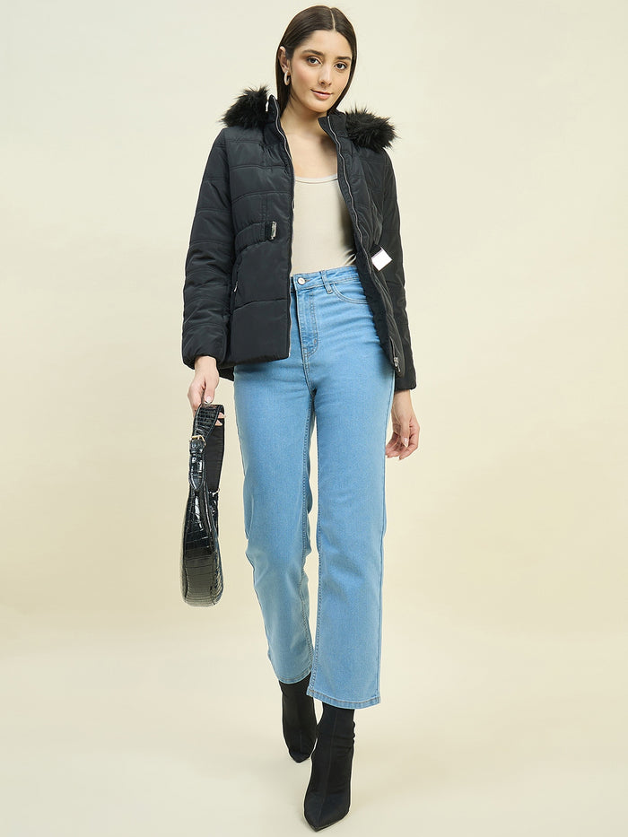 Madame Black Quilted Jacket with Faux Fur Hood