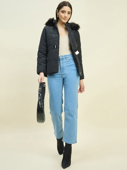 Madame Black Quilted Jacket with Faux Fur Hood