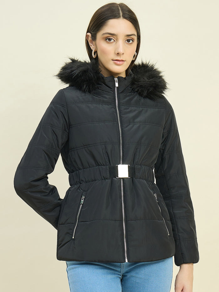 Madame Black Quilted Jacket with Faux Fur Hood