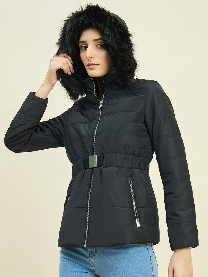 Madame Black Quilted Jacket with Faux Fur Hood
