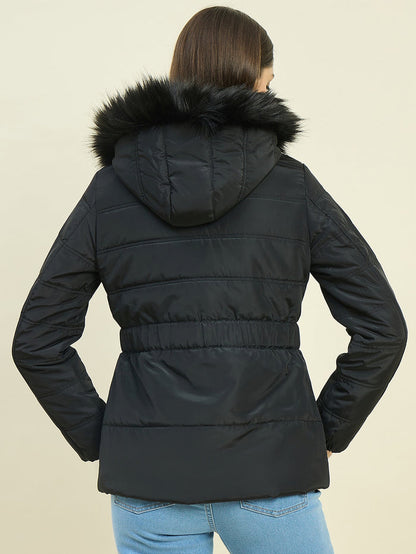 Madame Black Quilted Jacket with Faux Fur Hood