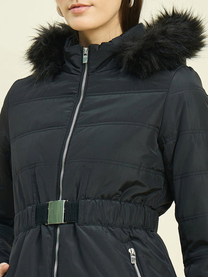 Madame Black Quilted Jacket with Faux Fur Hood