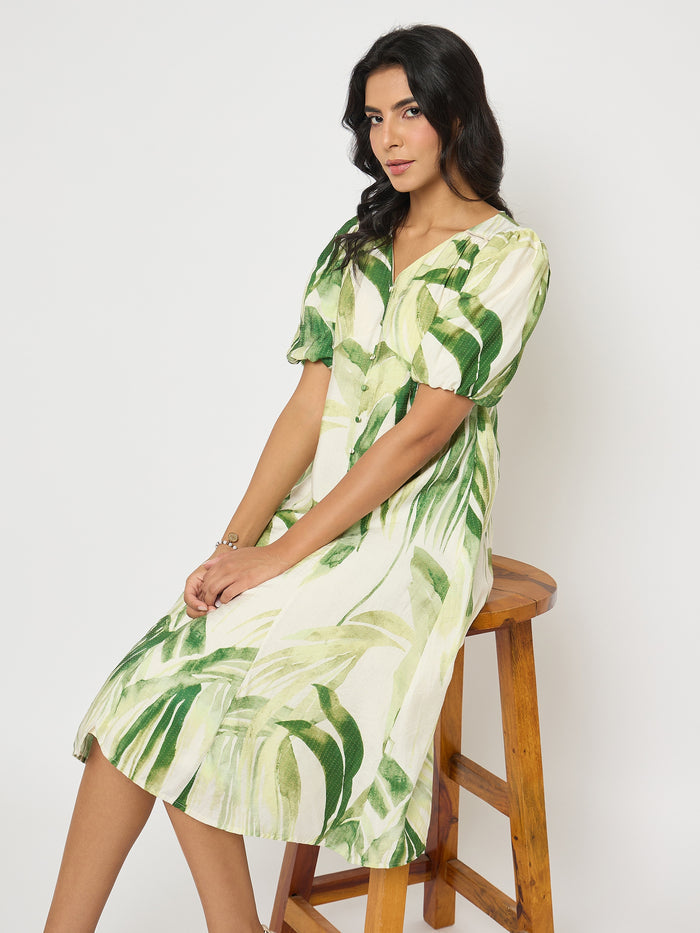 Madame Botanical Print Lace Insertion Off White Midi Dress