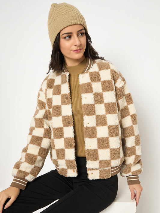 Madame Chequered Zipped Brown Bomber Jacket