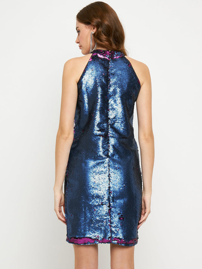 Madame Cobalt Blue Reversible Sequin Halter Neck Dress
