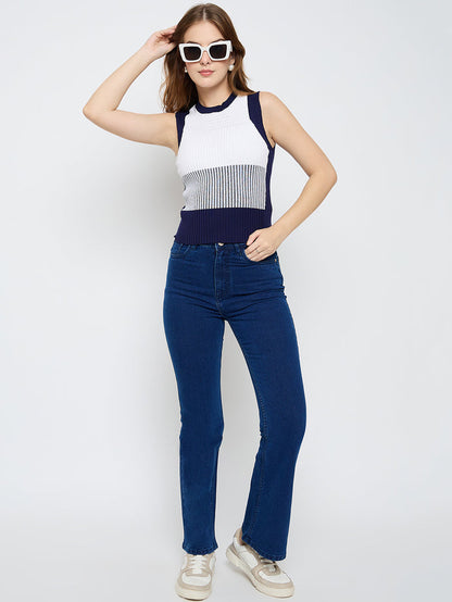 Madame Colourblock Sleeveless Navy Blue Knitted Top