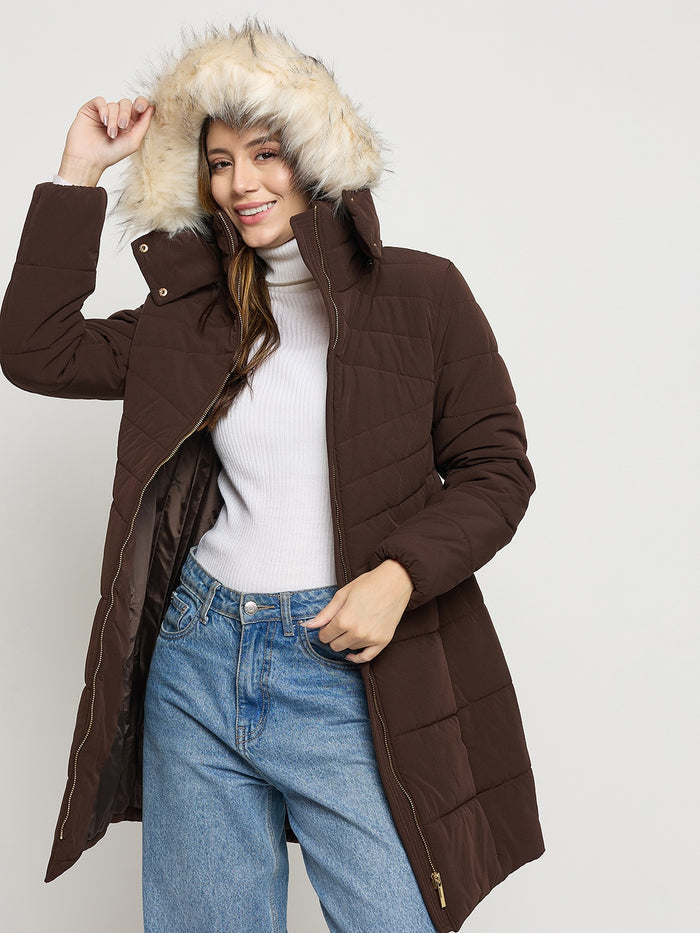 Madame Dark Brown Quilted High Neck Full Sleeve Midi Jacket