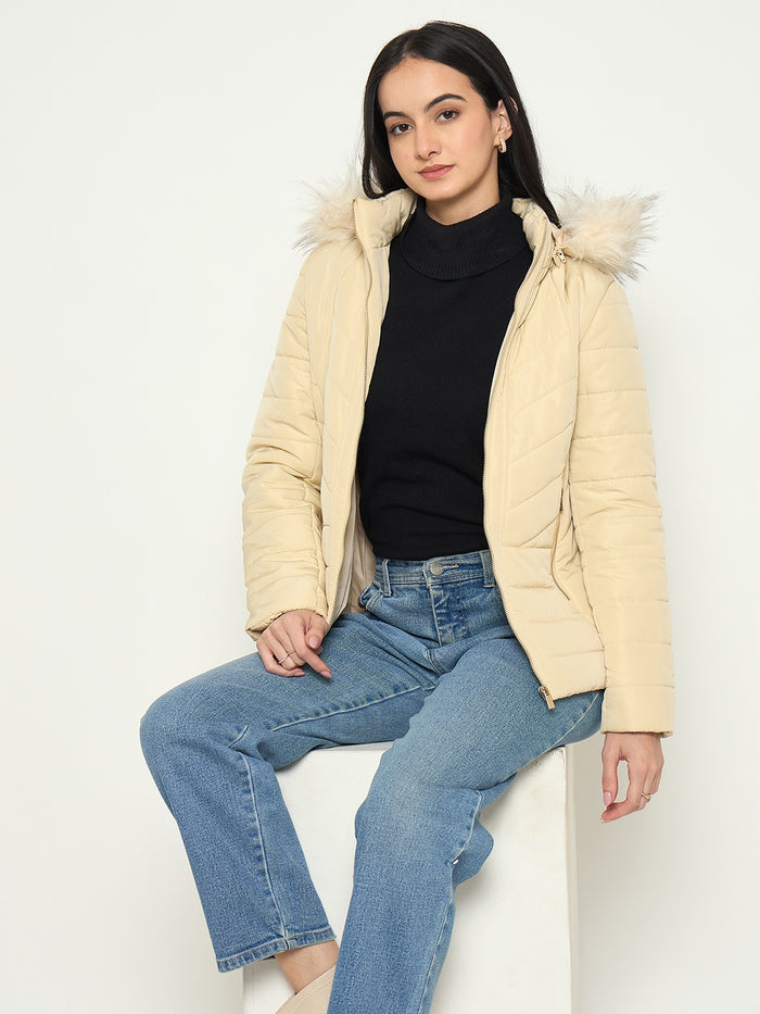 Madame Detachable Faux Fur Hood Beige Quilted Jacket