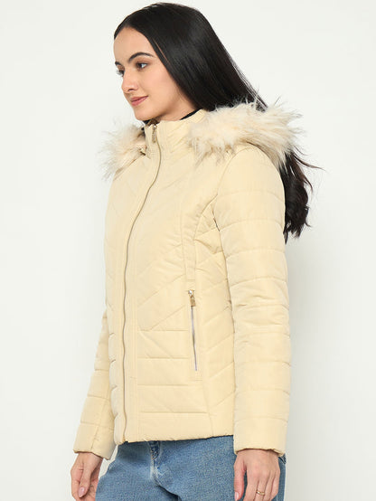 Madame Detachable Faux Fur Hood Beige Quilted Jacket