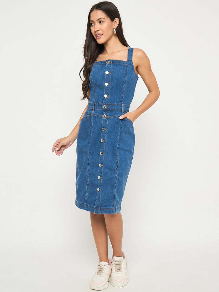 Madame Divided Buttoned Mid Blue Denim Mini Bodycon Dress