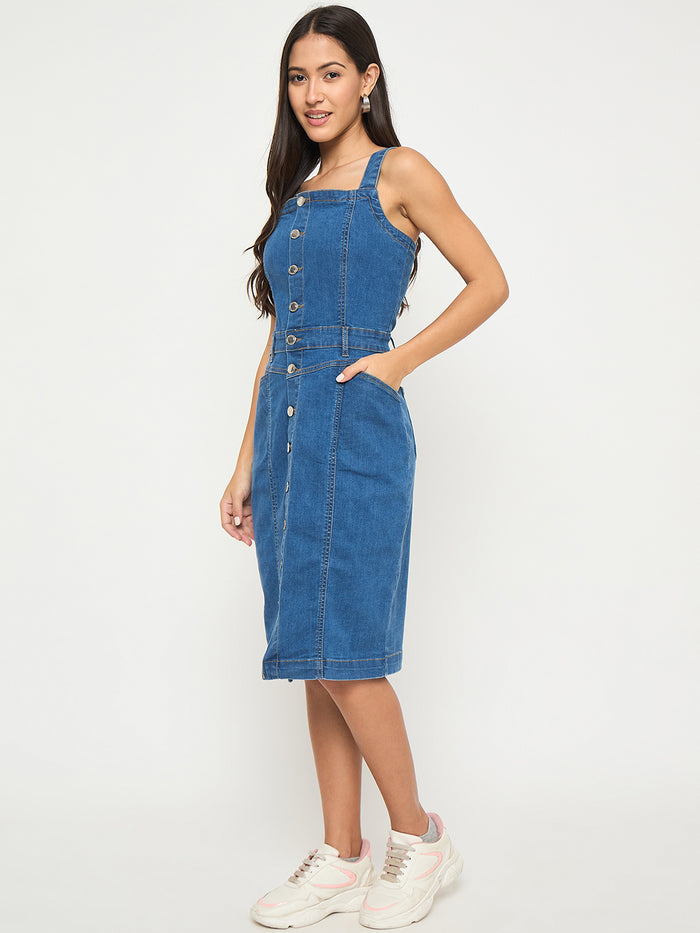 Madame Divided Buttoned Mid Blue Denim Mini Bodycon Dress