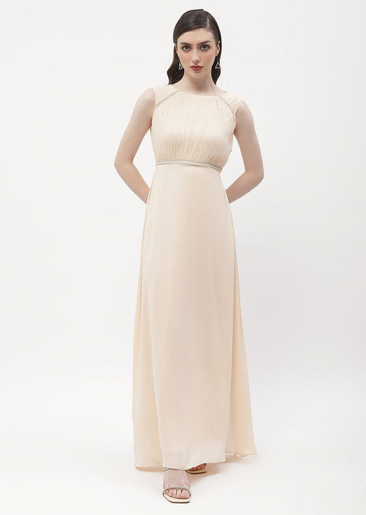Madame Embellished Beige Crew Neck Maxi Dress