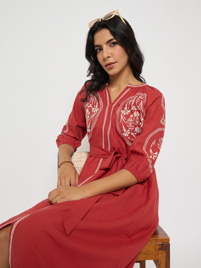 Madame Embroidered Belted A Line Midi Coral Dress