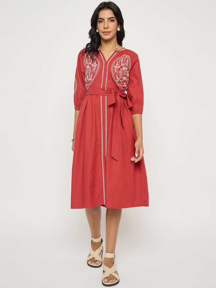 Madame Embroidered Belted A Line Midi Coral Dress