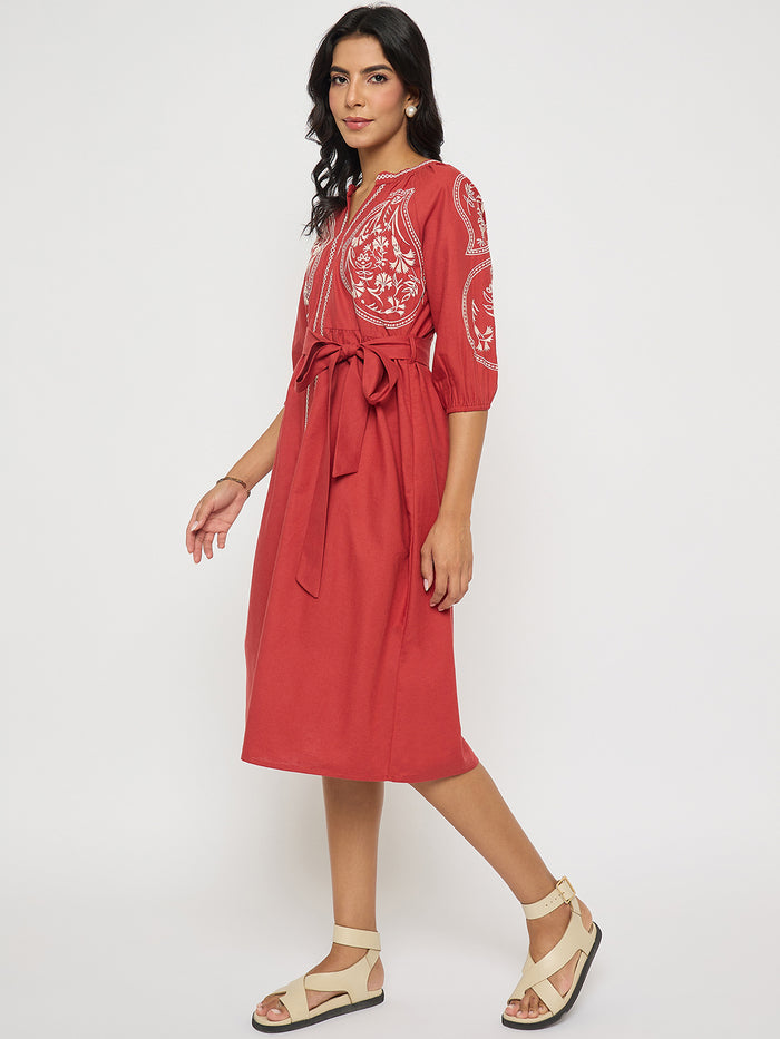 Madame Embroidered Belted A Line Midi Coral Dress