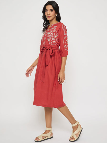 Madame Embroidered Belted A Line Midi Coral Dress