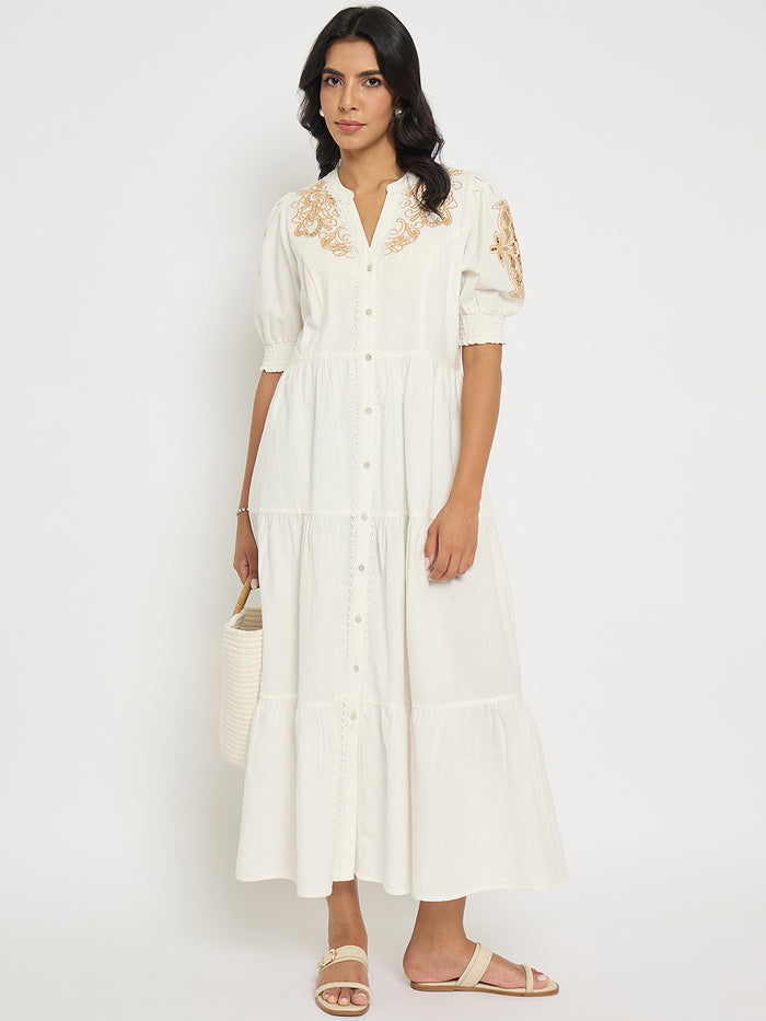 Madame Embroidered Flared Hem Belted White Cotton Dress