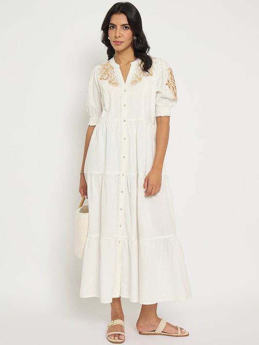 Madame Embroidered Flared Hem Belted White Cotton Dress