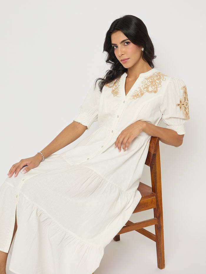Madame Embroidered Flared Hem Belted White Cotton Dress