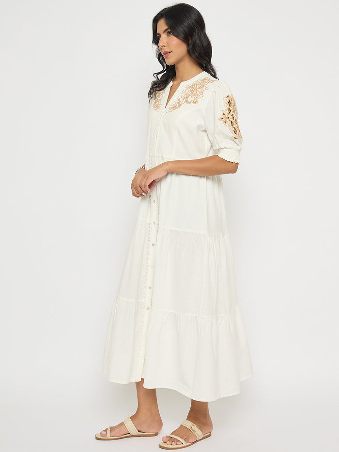 Madame Embroidered Flared Hem Belted White Cotton Dress