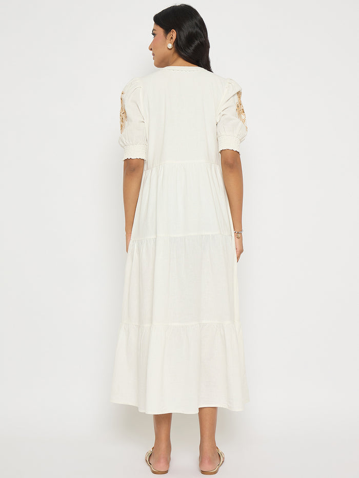 Madame Embroidered Flared Hem Belted White Cotton Dress