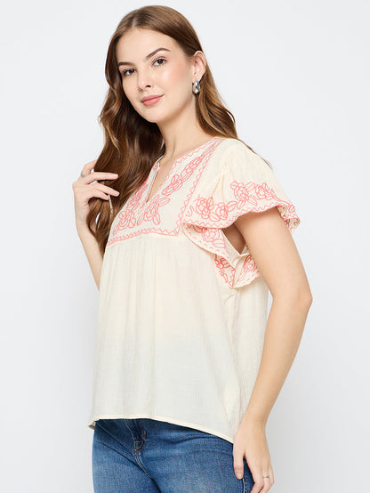 Madame Embroidered Rayon Blend Beige Top