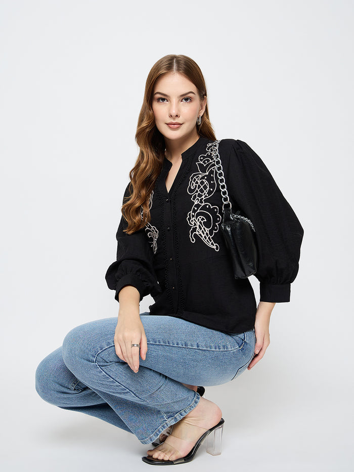 Madame Embroidered Rayon Blend Black Top