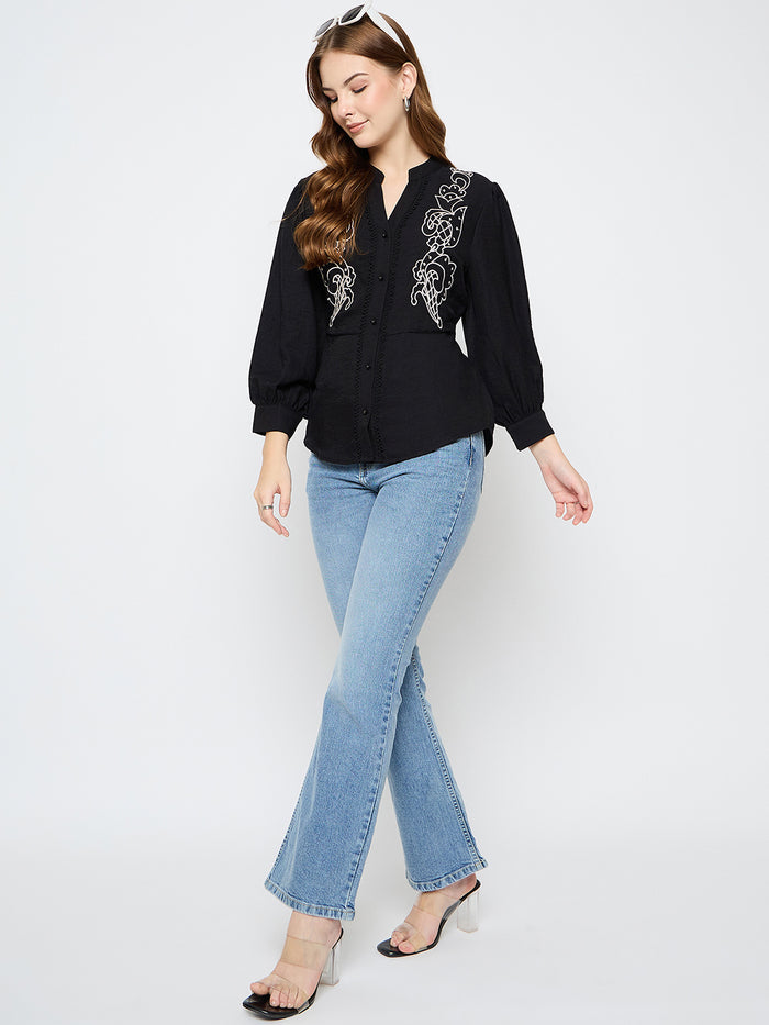 Madame Embroidered Rayon Blend Black Top