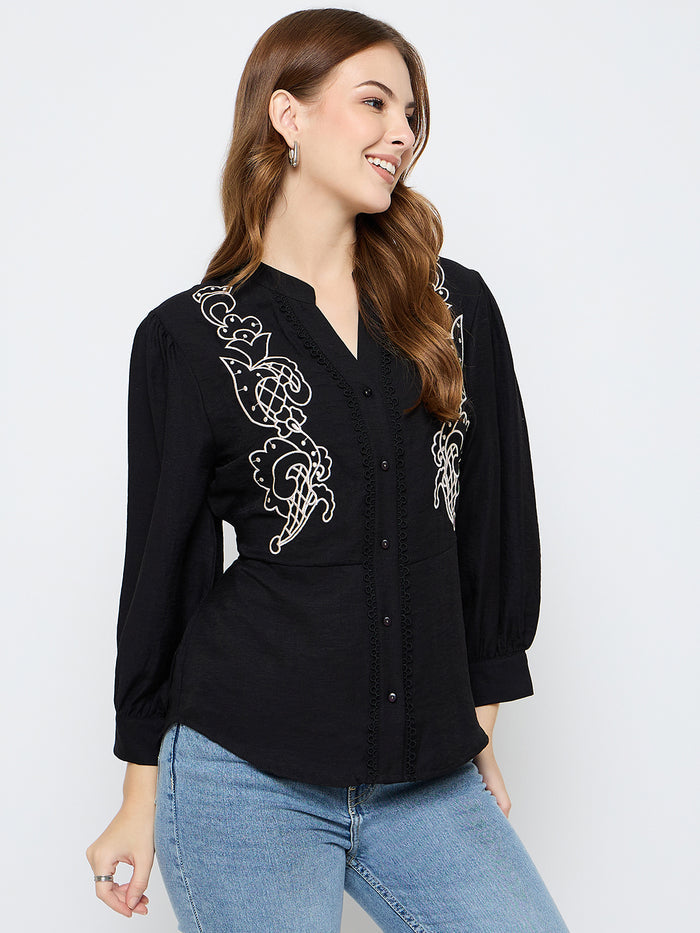 Madame Embroidered Rayon Blend Black Top