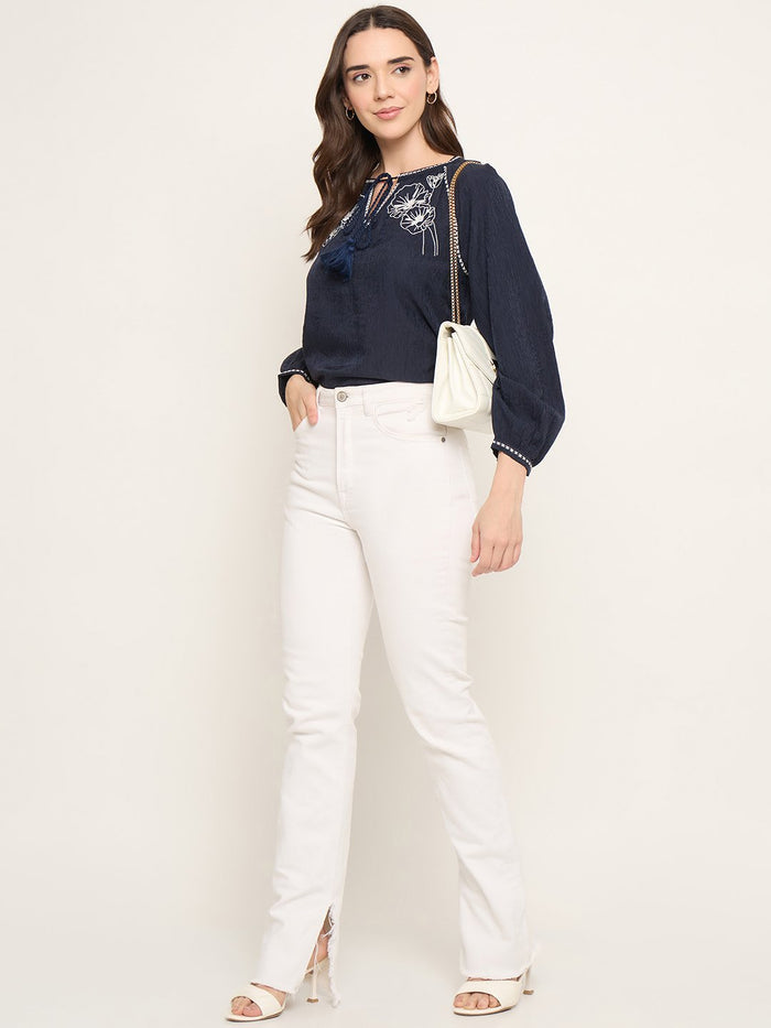Madame Embroidered Tencel Blend Blue Top