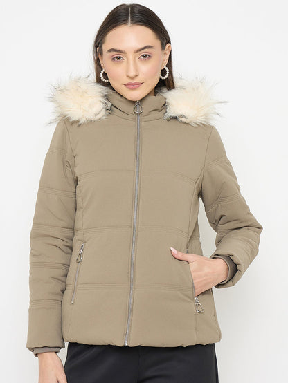 Madame Faux Fur Olive Green Puffer Jacket