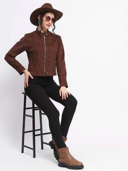 Madame Flap Collared Coffee Suede Jacket