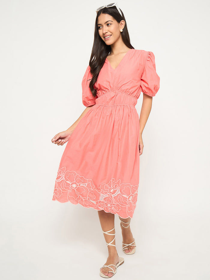 Madame Floral Embroidered Hem Fit and Flared Coral Midi Dress