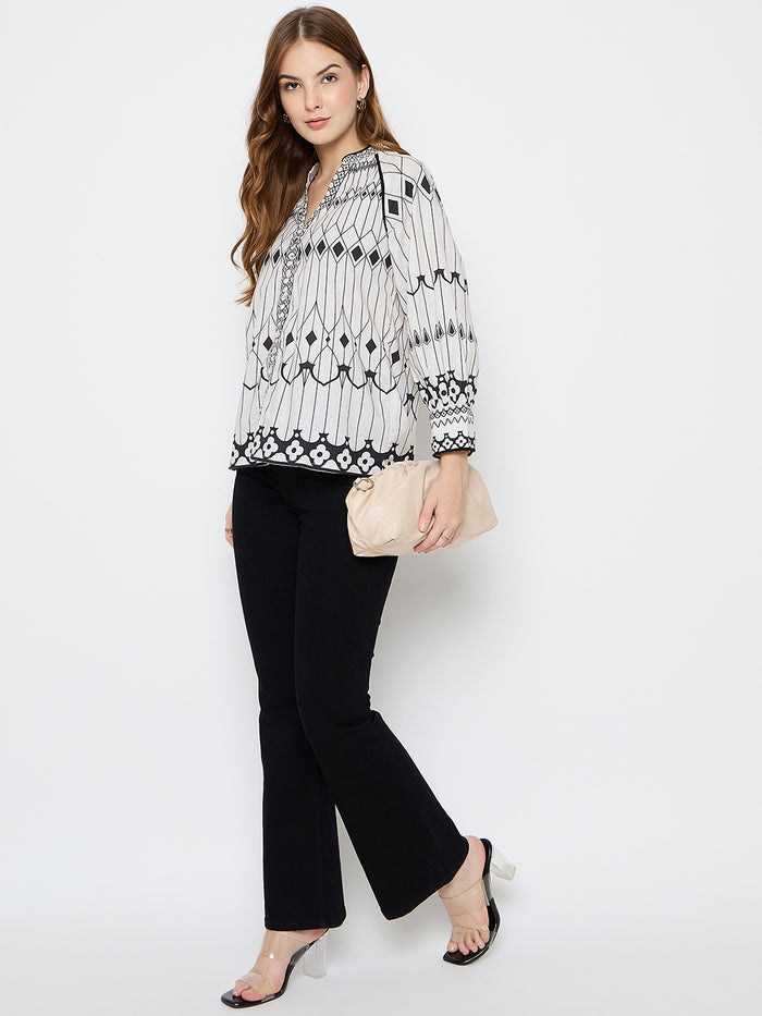 Madame Floral Print Cotton Blend Black Top
