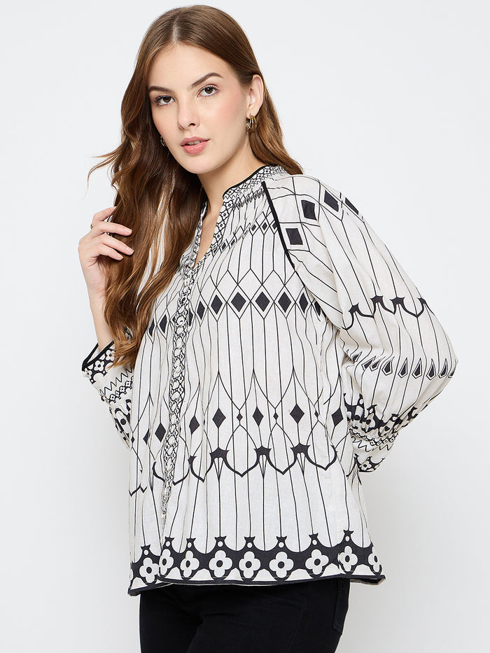 Madame Floral Print Cotton Blend Black Top