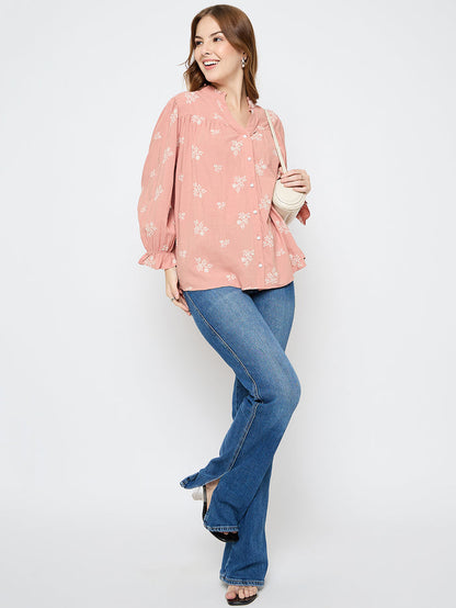 Madame Floral Print Cotton Blend Dusty Pink Top