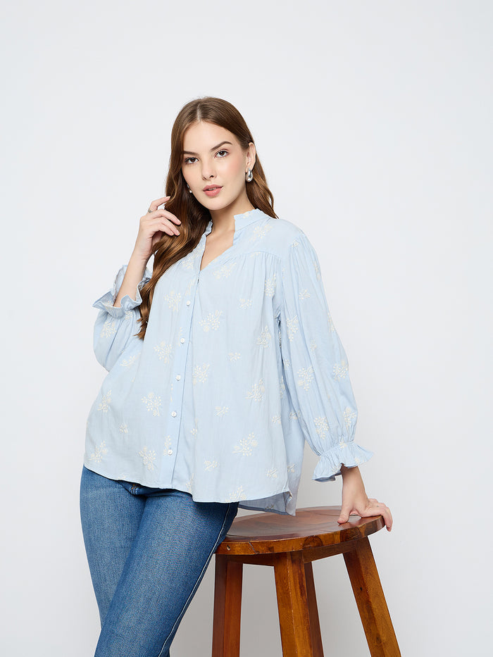 Madame Floral Print Cotton Blend Powder Blue Top